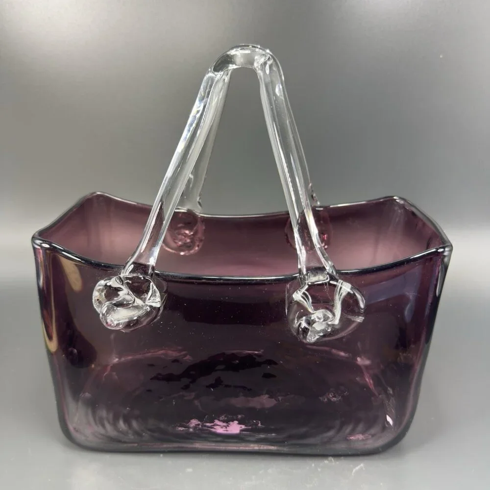 Vintage Amethyst Purple‎ Hand Blown Glass Purse Bowl Dish With Clear Handles VTG